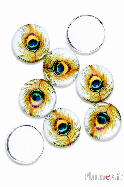 Glas-Cabochons Pfauenfeder-Motiv - Ø 10 mm - mehrfarbig